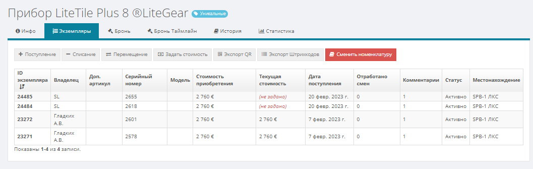 пример вкладки экземпляров уникального оборудования